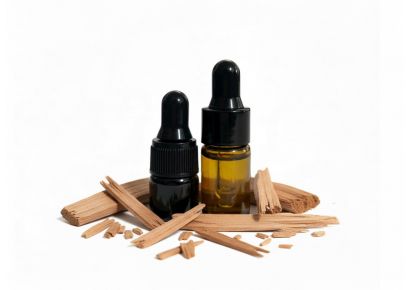 Флакон эфирного масла сандалового дерева 1 мл на белом фоне